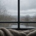 Beslagen raam met condensdruppels en een plaid op de vensterbank, als beeld bij de verwarming later aanzetten en vocht in huis.