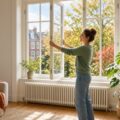 Vrouw zet een raam open boven de radiator in een zonnige woonkamer