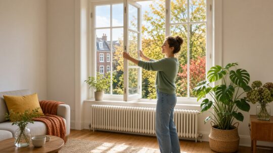 Vrouw zet een raam open boven de radiator in een zonnige woonkamer