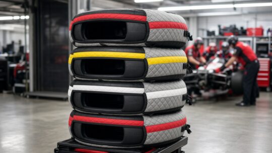 Stapel Formule 1-slicks met rode, gele en witte markering in een pitbox, als beeld bij de vraag wat een F1 band kost.