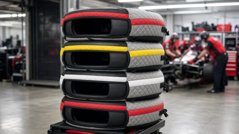 Stapel Formule 1-slicks met rode, gele en witte markering in een pitbox, als beeld bij de vraag wat een F1 band kost.