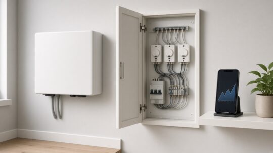 Witte thuisbatterij aan de muur naast een Nederlandse meterkast, als beeld bij de vraag wat een thuisbatterij kost en wanneer je hem terugverdient.