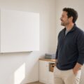 Man bekijkt een witte thuisbatterij aan de muur, met zonnepanelen op het dak buiten