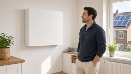 Man bekijkt een witte thuisbatterij aan de muur, met zonnepanelen op het dak buiten